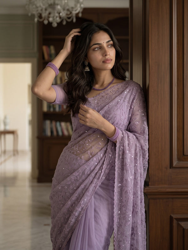 Organza Mauve Saree Self-Tone Vine Design with Sequin Work