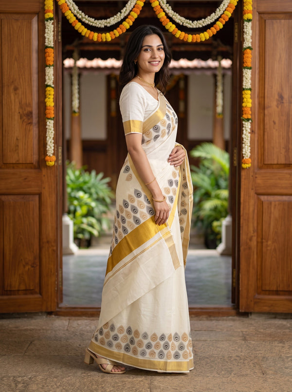 Cotton Cream Peacock Feather Print Gold Zari Border Onam Special Kerala Saree