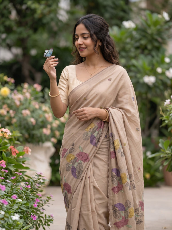 Chanderi Cotton Beige Saree Chrysanthemum Embroidery with Scattered Tulip Buds
