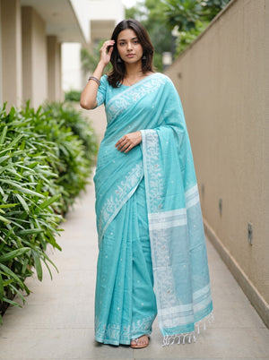 Cotton Teal Grey-Blue Dual-Tone Saree with White Floral Vine Border