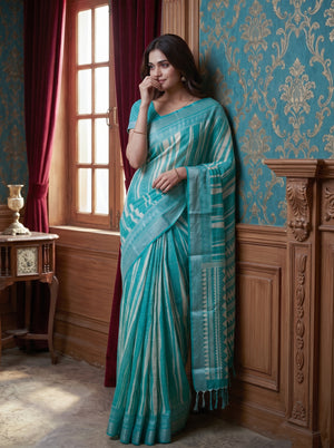 Soft Cotton Turquoise Blue Striped Print Saree with Tribal Border