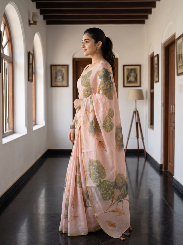 Linen Pink Oversized Leaf Print Saree with Golden Border and Tassels