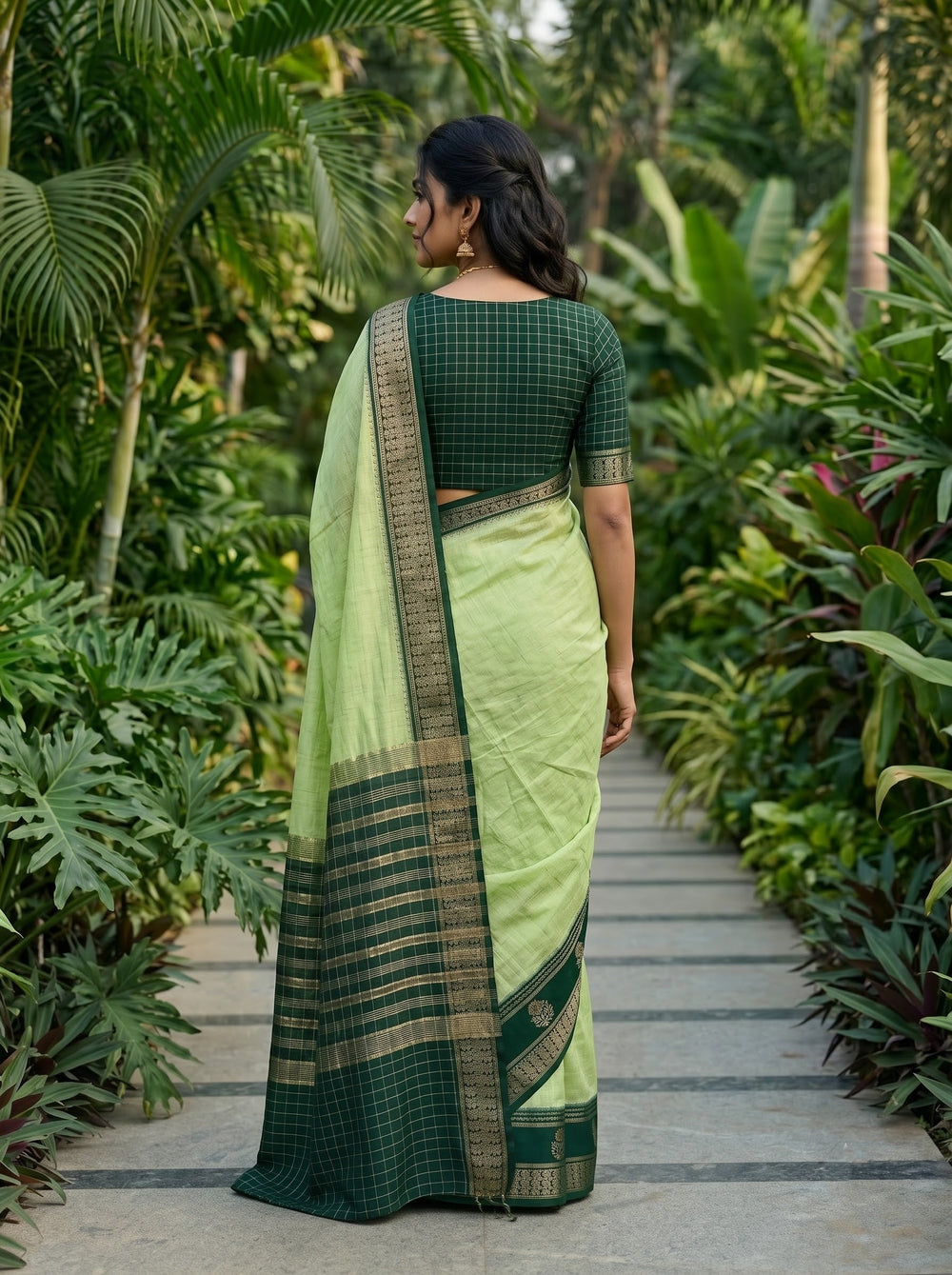 Chanderi Cotton Light Green Saree with Gold Zari Check and Floral Motif Pallu