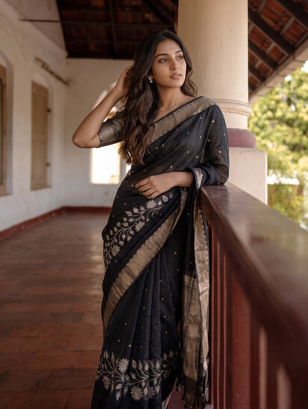 Semi Silk Black Golden Floral Vine Border Saree with Tassels