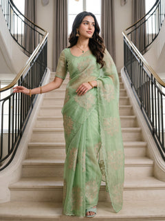 Organza Green Saree with Golden Outlined Peony Embroidery