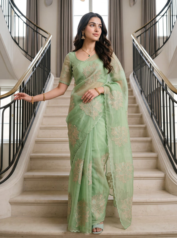 Organza Green Saree with Golden Outlined Peony Embroidery