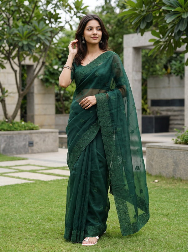 Organza Bottle Green Floral Butta Self Embroidered Border Saree