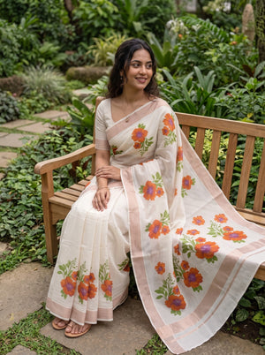 Cotton Cream Kerala Saree with Orange Floral Print Pallu and Copper Zari Border