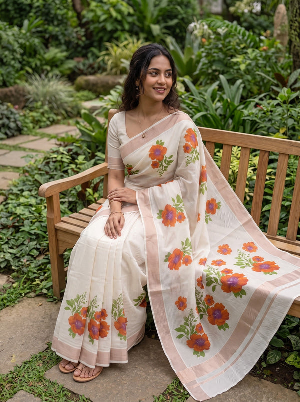 Cotton Cream Kerala Saree with Orange Floral Print Pallu and Copper Zari Border