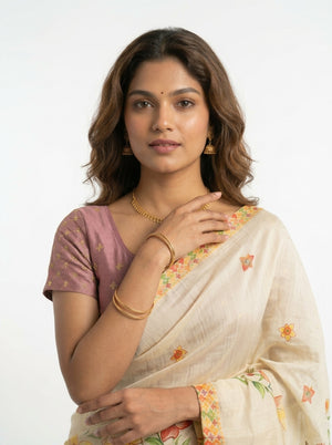 Tissue Silk Cream Printed Floral Set Saree with Diamond Border
