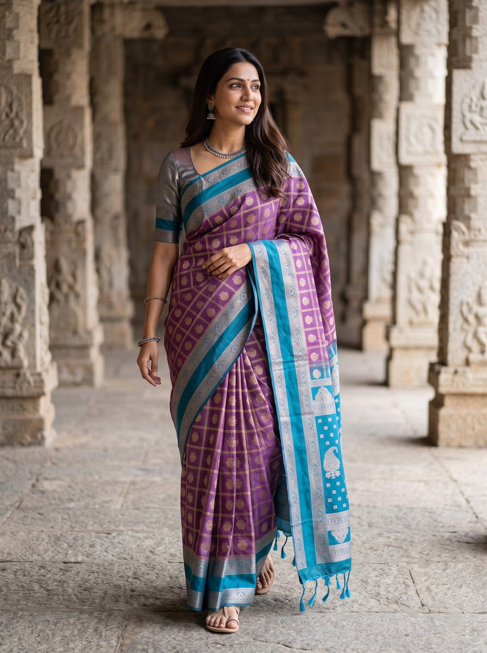 Semi Silk Violet Checkered Peacock Blue Paisley Saree