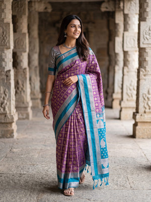 Semi Silk Violet Checkered Peacock Blue Paisley Saree