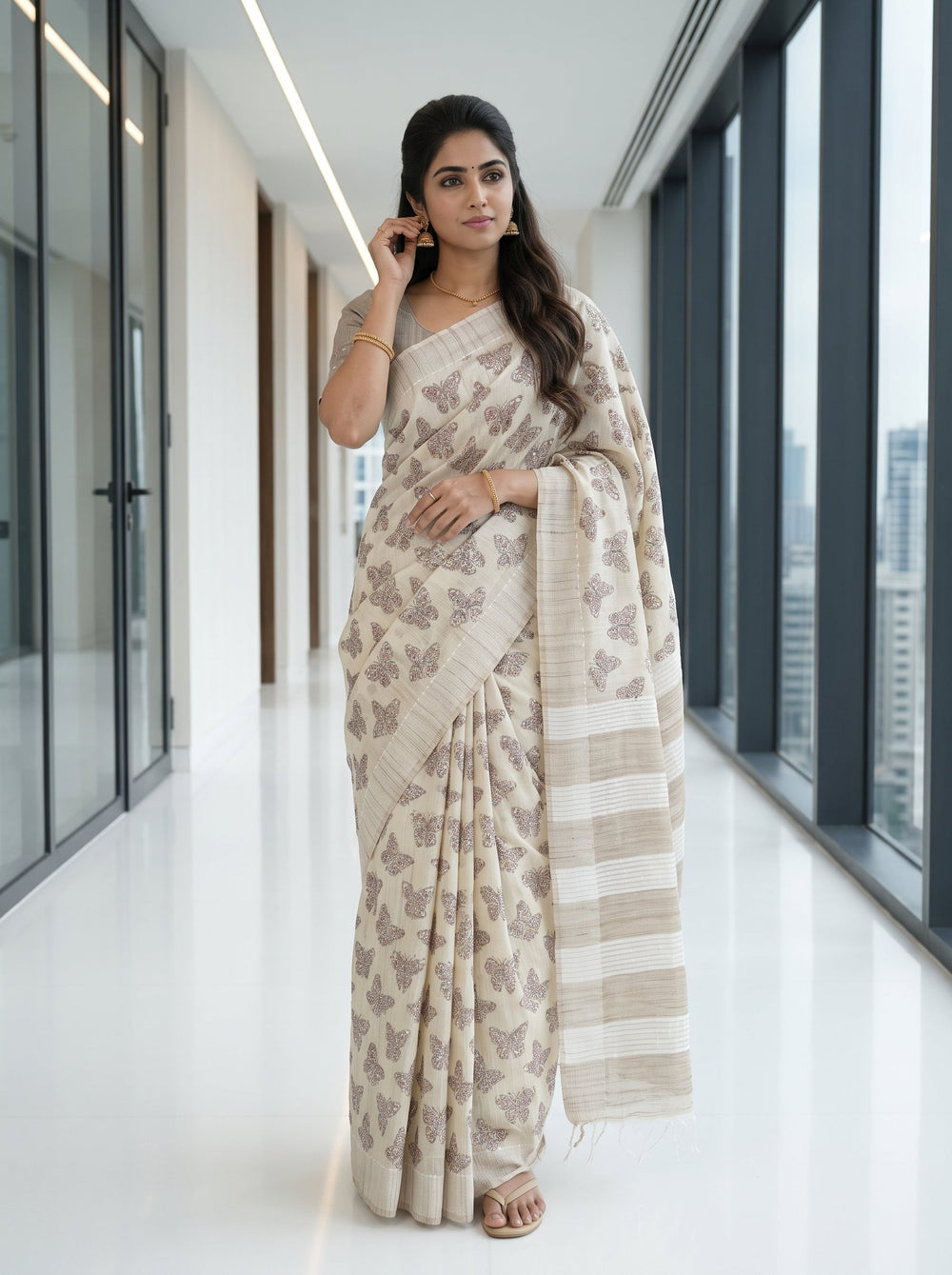 Chanderi Cotton Beige Sequined Butterfly Print Saree with Striped Pallu