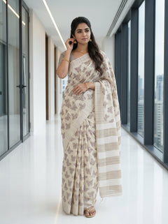 Chanderi Cotton Beige Sequined Butterfly Print Saree with Striped Pallu