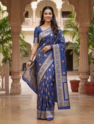 Banarasi Saree in Navy Blue with Golden Paisley Pallu Design