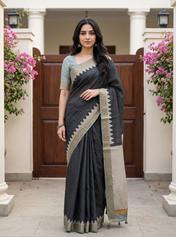 Semi Jute Silk Black Striped Saree with Cream Zigzag Temple Border and Tassels