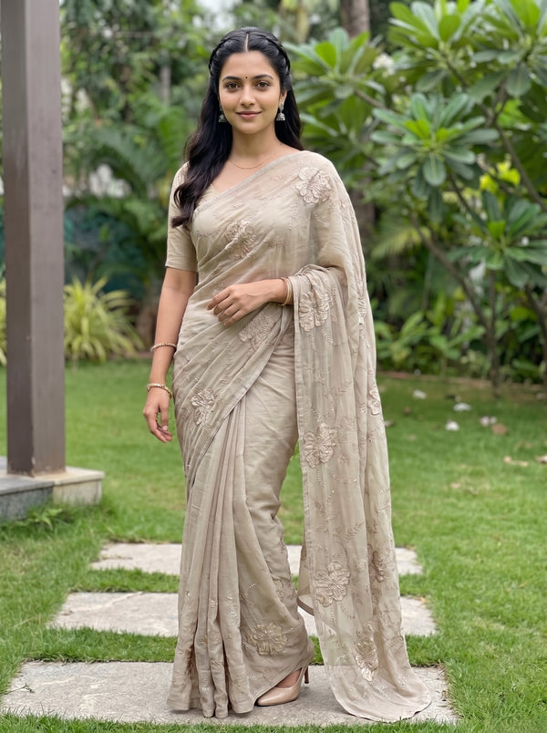 Chiffon Taupe Saree with 3D Floral Applique Embroidery