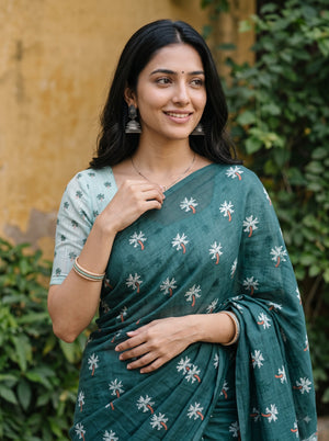 Cotton Bottle Green Saree with White Star Flower Print