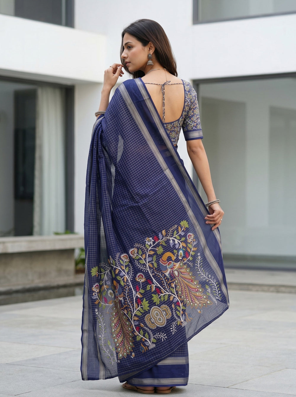 Chiffon Navy Blue Small Checks Saree With Peacock Floral Embroidery Pallu