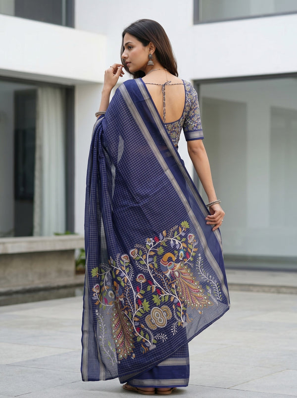 Chiffon Navy Blue Small Checks Saree With Peacock Floral Embroidery Pallu