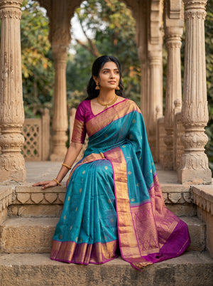 Pure Silk Peacock Blue Saree with Golden Zari Peacock Motif Pallu