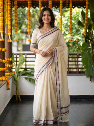 Cotton Cream Plain with Silver Zari Maroon Border Onam Special Kerala Kasavu Saree