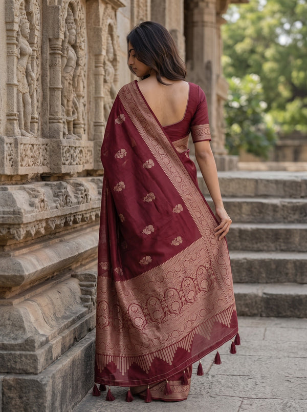 Banarasi Saree in Maroon with Golden Floral Arch Pallu Design
