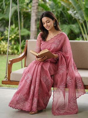 Tissue Dusty Rose Pink Zari Embroidered Fan Motif Saree