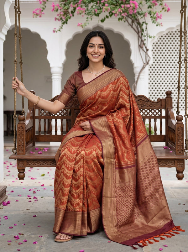 Kanjivaram Brocade Saree in Rust Orange with Maroon Diamond Lattice Pallu