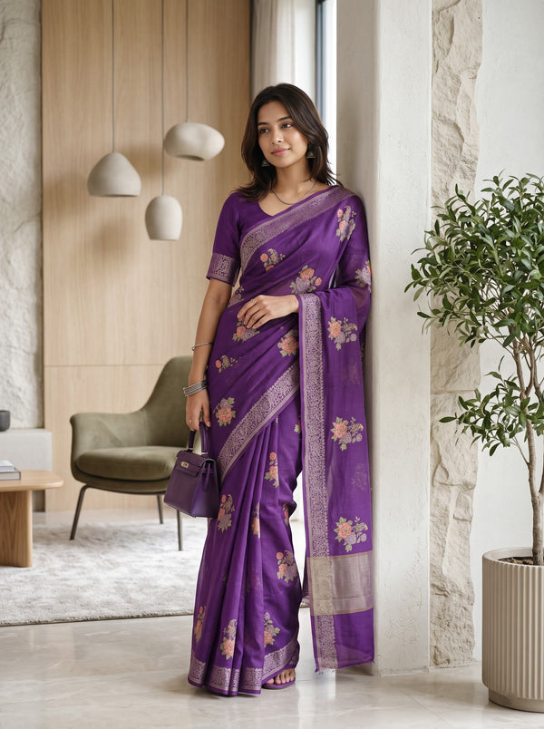 Chanderi Cotton Purple Saree with Scattered Rose Bouquet Print