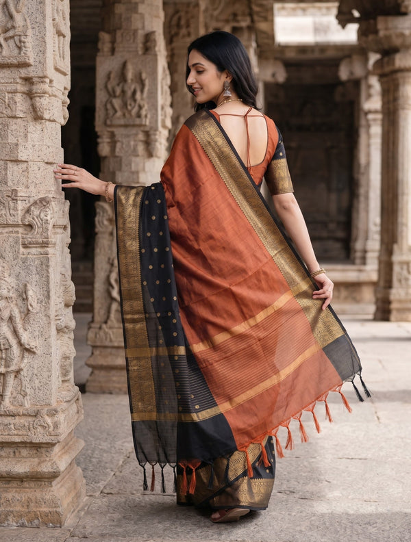 Semi Silk Half-and-Half Black Orange Saree with Golden Paisley Border