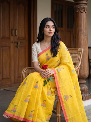 Cotton Linen Saree in Yellow with Cute Umbrella-Skirt Figure Print and Coral Trim