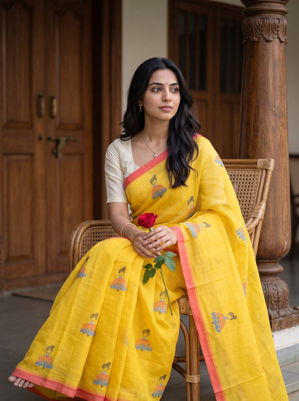 Cotton Linen Saree in Yellow with Cute Umbrella-Skirt Figure Print and Coral Trim
