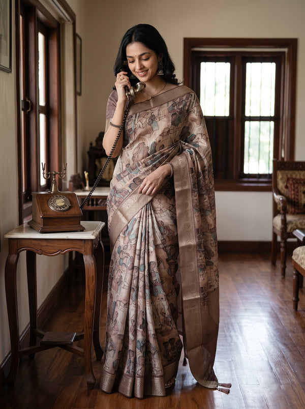 Semi Jute Beige Village Art Print Saree with Gold Border