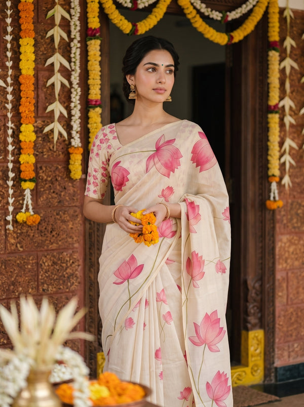 Tissue Cream Lotus Stem Print Onam Kerala Saree with Tassel Edge