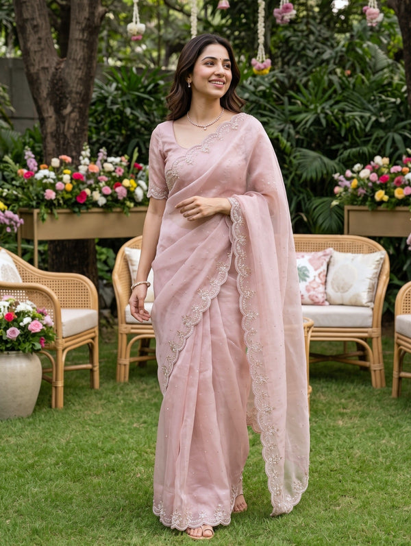 Organza Dusty Pink Beaded Floral Scalloped Border Saree