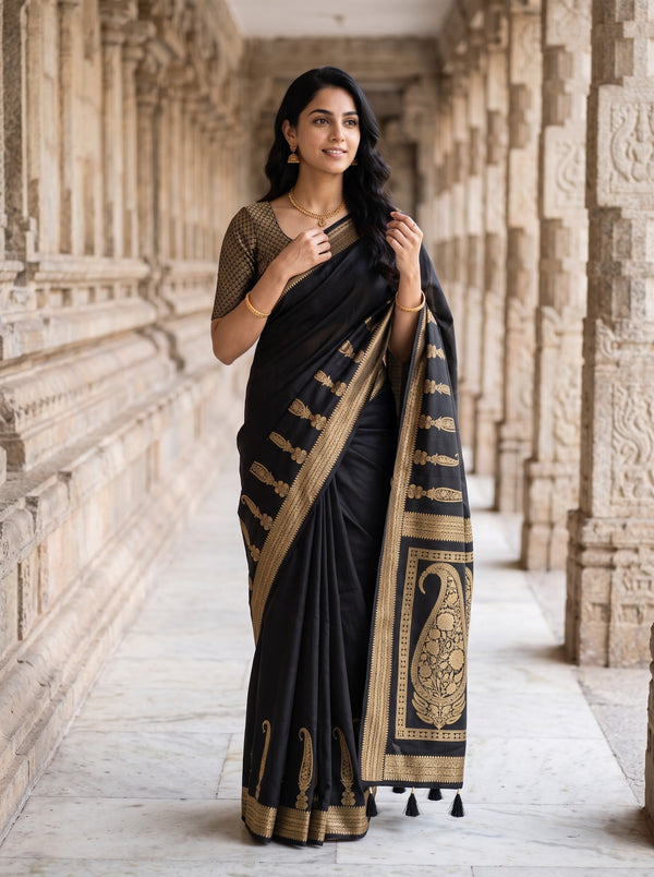 Banarasi Black Zari Floral Arch Pallu Saree