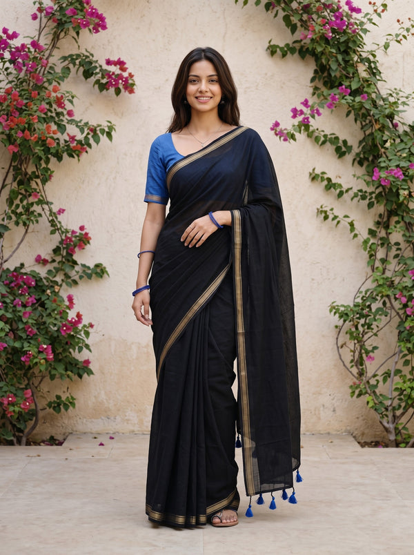 Cotton Black Saree with Golden Zari Striped Border and Tassels