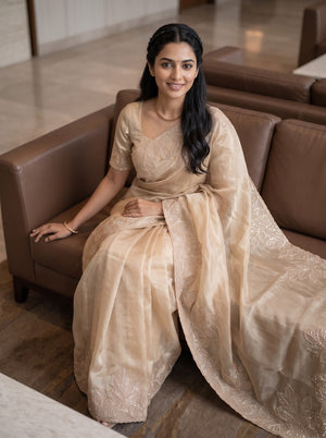 Organza Beige Golden Sequin Leaf Border Saree