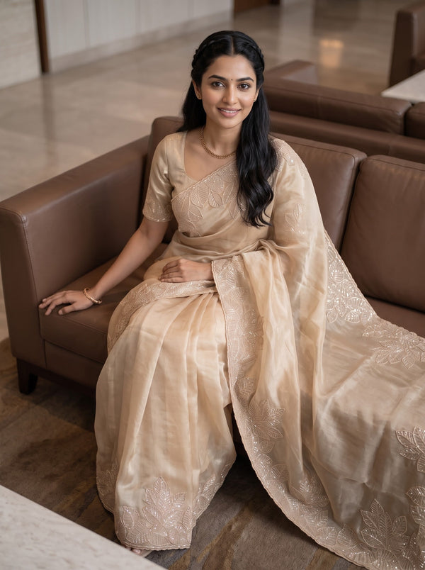 Organza Beige Golden Sequin Leaf Border Saree