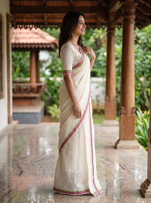 Cotton Cream with Pink Olive Maroon Stripe Border Onam Kerala Set Mundu