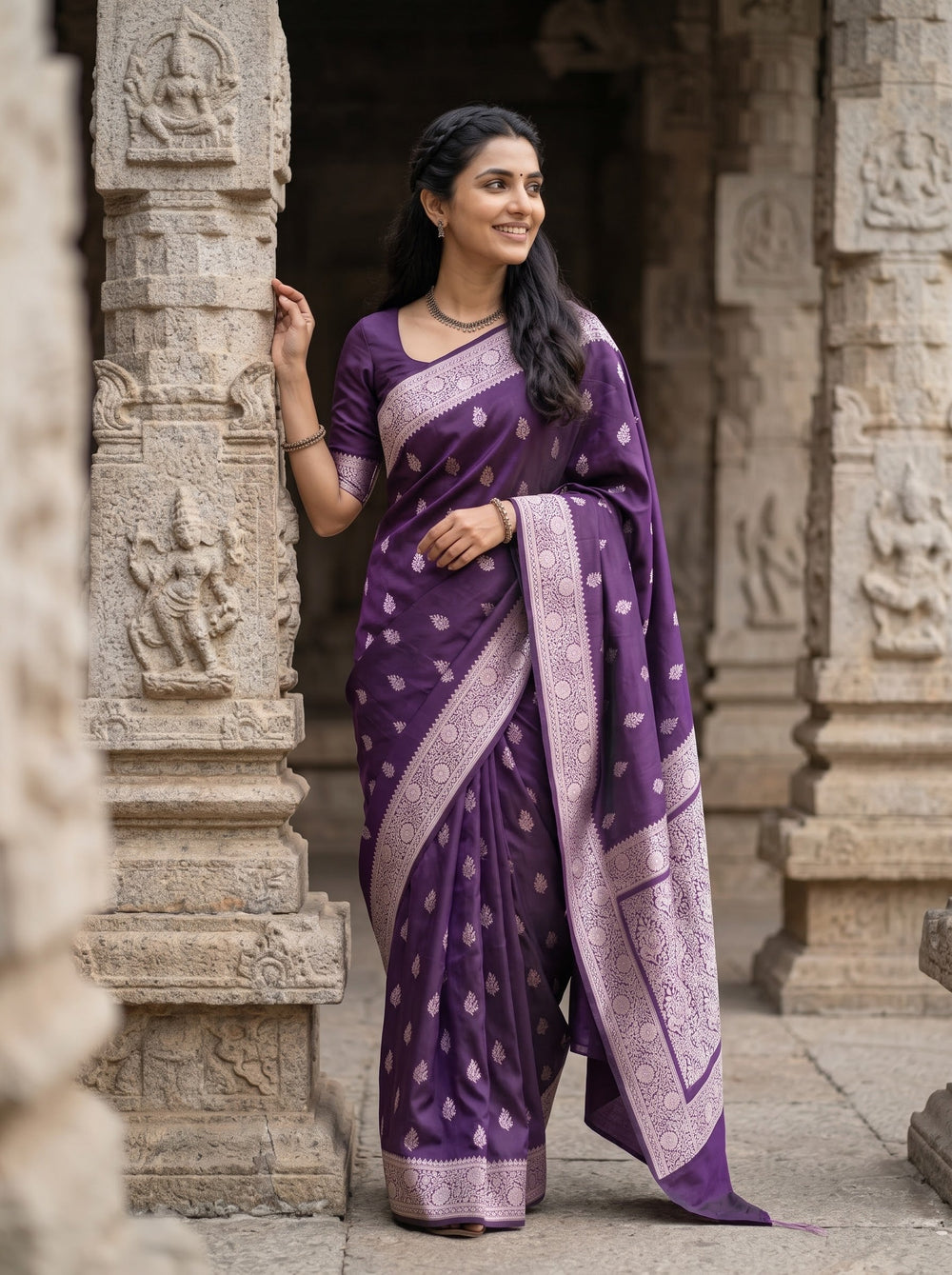 Banarasi Silk Deep Purple Silver Zari Floral Framed Panel Saree with Tassels