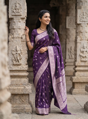 Banarasi Silk Deep Purple Silver Zari Floral Framed Panel Saree with Tassels
