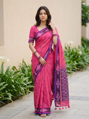 Cotton Pink Saree with Purple Ikat Diamond Print Pallu