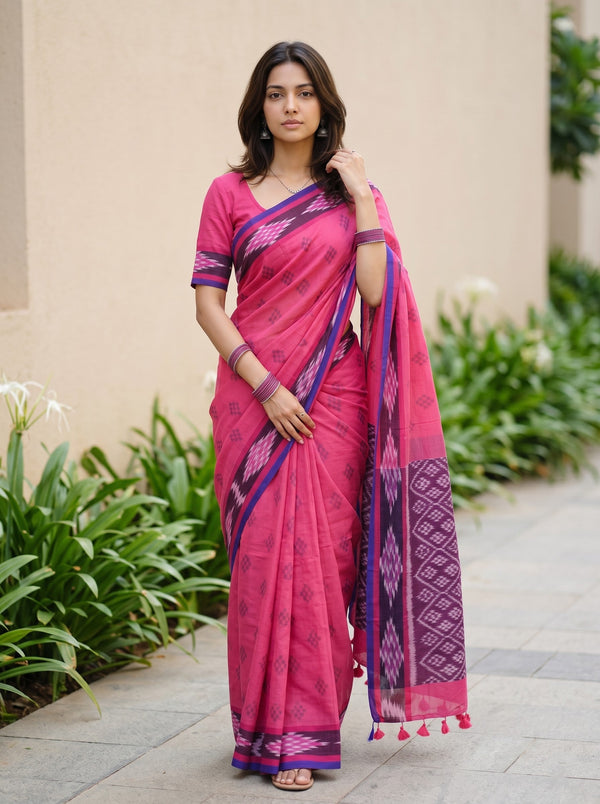 Cotton Pink Saree with Purple Ikat Diamond Print Pallu
