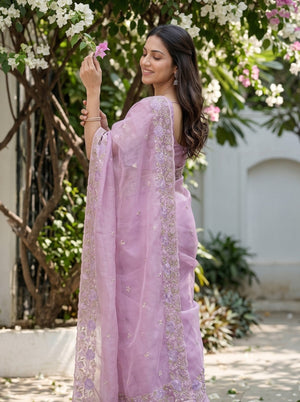 Organza Mauve Self-Tone Rose Floral Embroidered Lace Border Saree