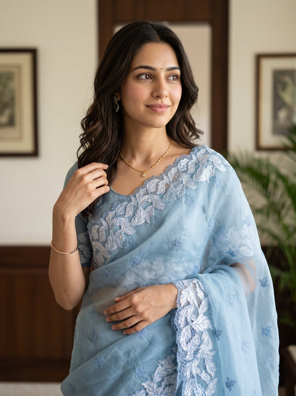 Organza Dusty Blue Self-Tone Leaf Vine Cutwork Lace Border Saree