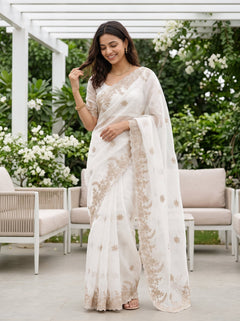 Organza Off-White Self-Tone Floral Rose Embroidered Scalloped Border Saree