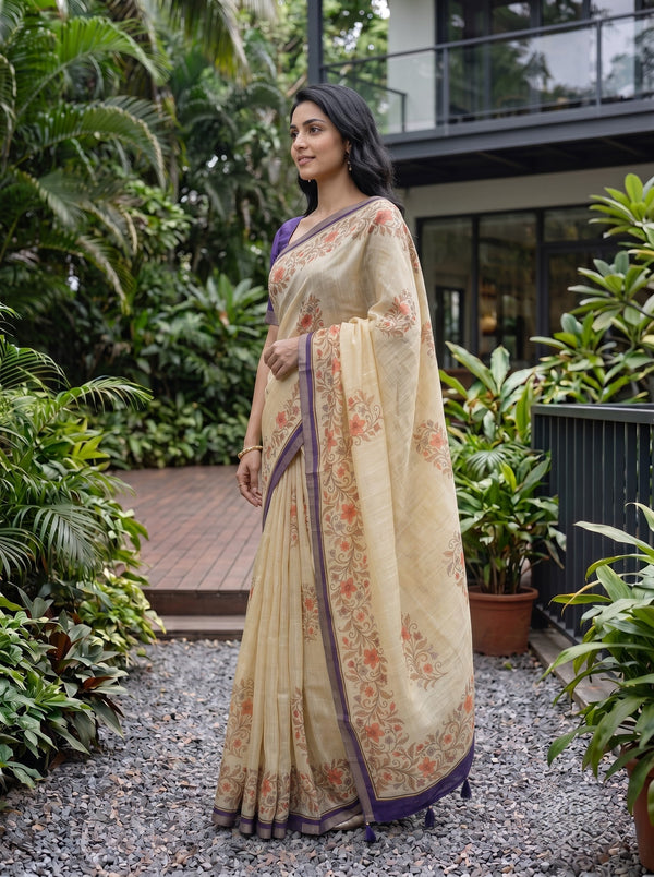 Linen Beige Botanical Print Saree with Grey Purple Border and Tassels