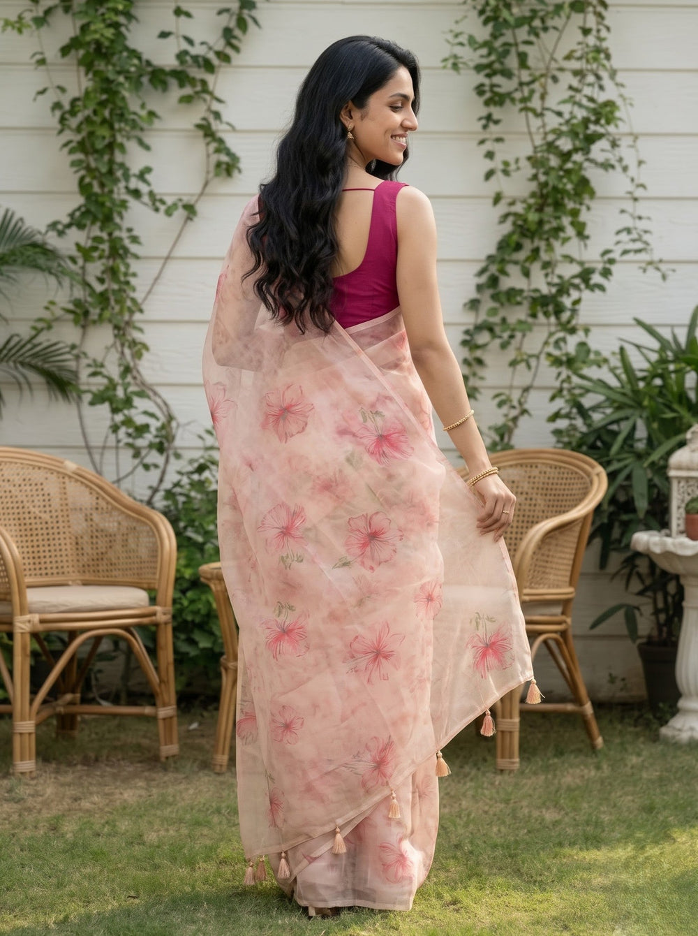 Organza Peach Pink Watercolor Floral Print Saree with Peach Tassels